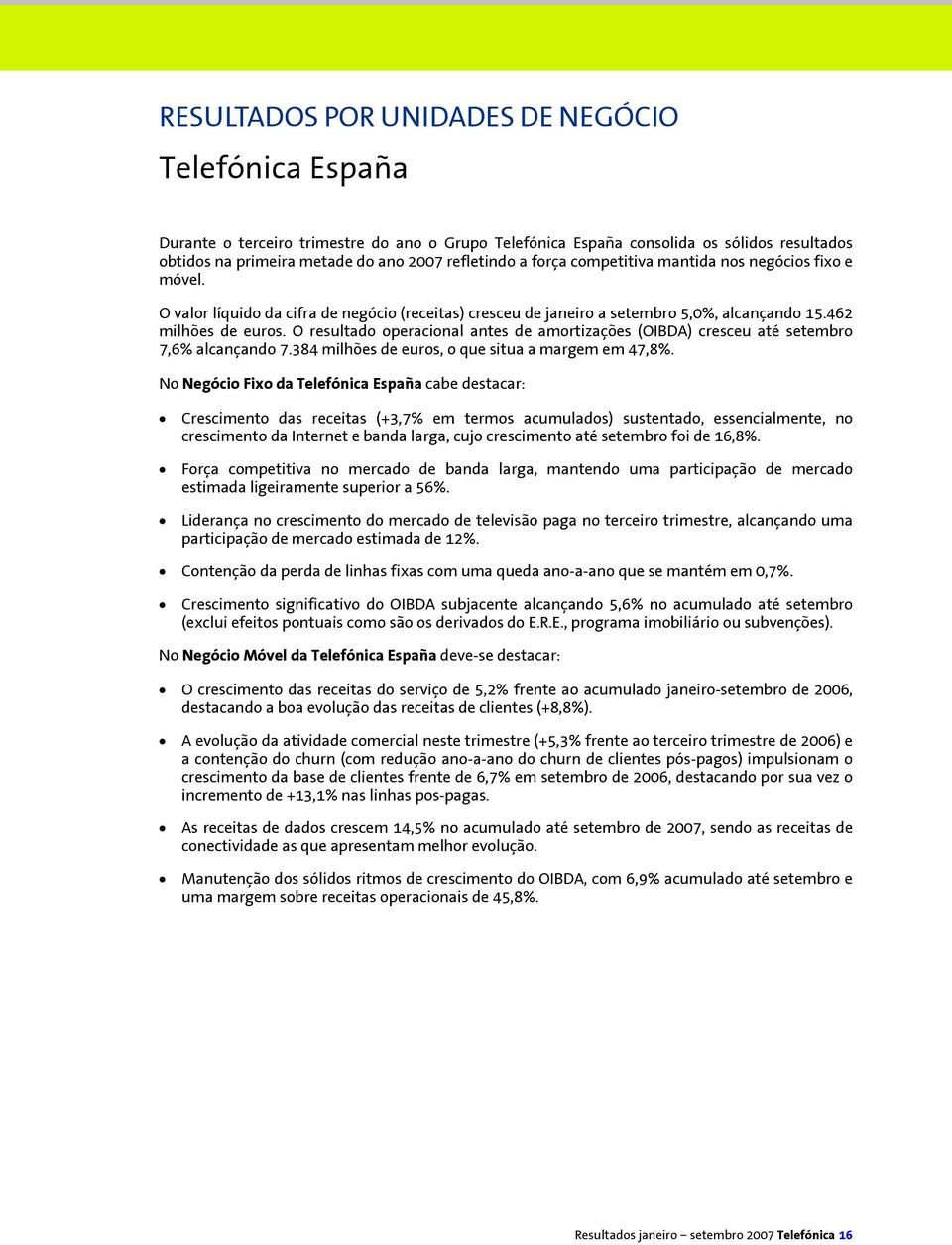O resultado operacional antes de amortizações (OIBDA) cresceu até setembro 7,6% alcançando 7.384 milhões de euros, o que situa a margem em 47,8%.