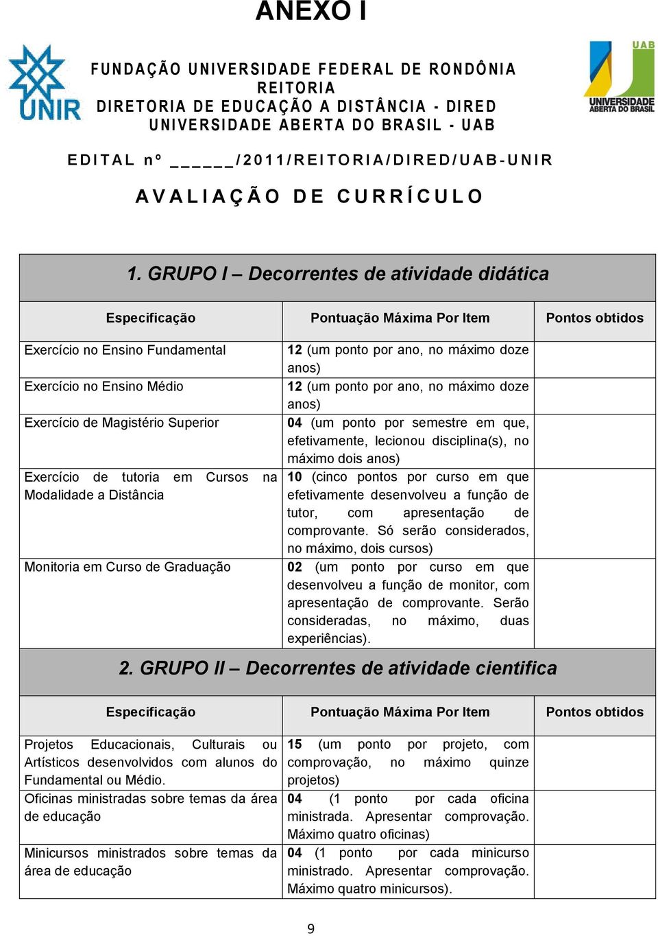 GRUPO I Decorrentes de atividade didática Especificação Pontuação Máxima Por Item Pontos obtidos Exercício no Ensino Fundamental Exercício no Ensino Médio Exercício de Magistério Superior Exercício