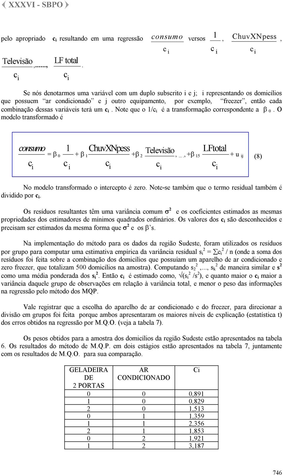 Noe que o 1/c é a ransformação correspondene a β 0. O modelo ransformado é consumo c = β 0 1 c + β 1 ChuvXNpess +β Televsão LFoal 2,...., +β 15 c c c + u j (8) No modelo ransformado o nercepo é zero.