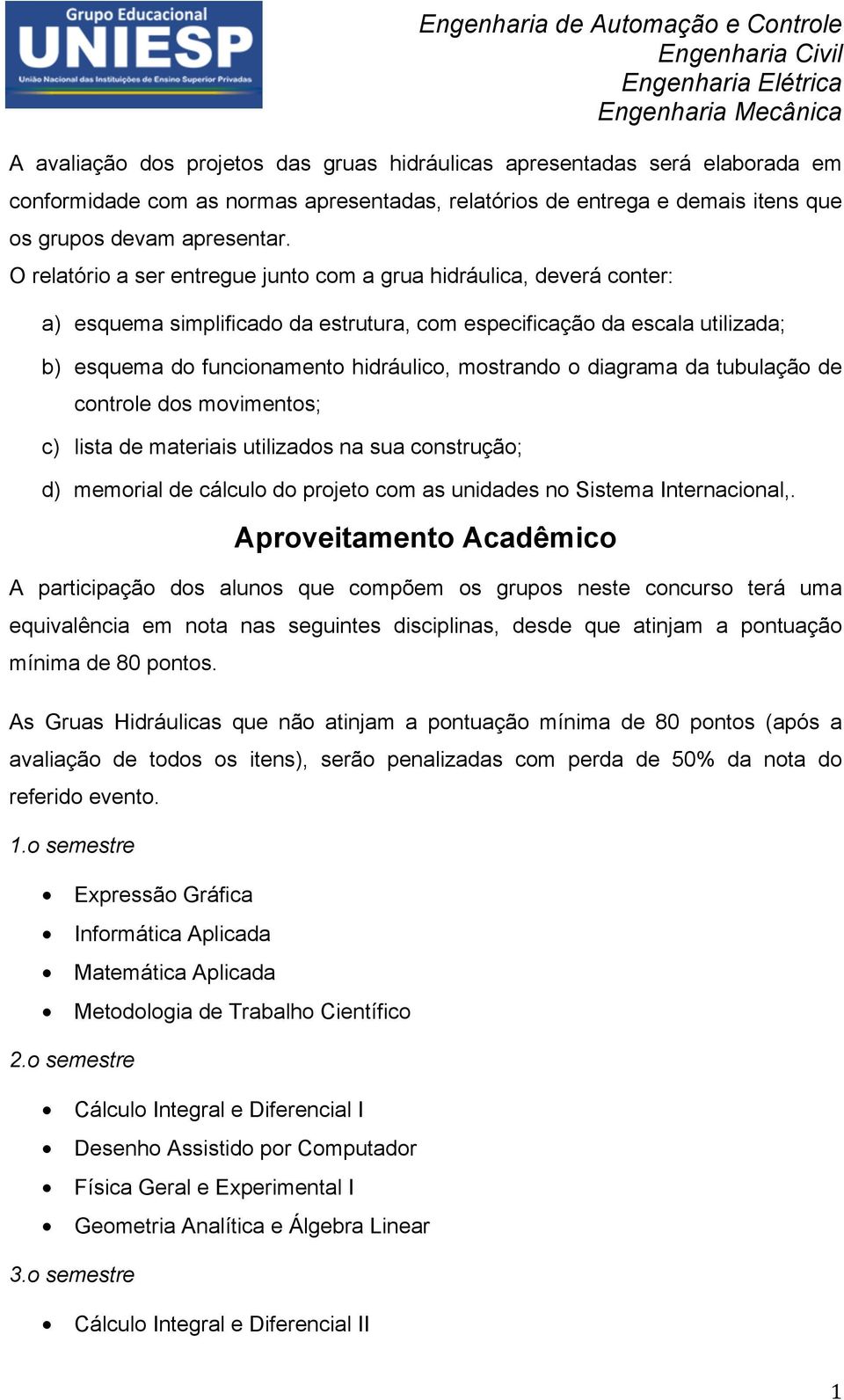 diagrama da tubulação de controle dos movimentos; c) lista de materiais utilizados na sua construção; d) memorial de cálculo do projeto com as unidades no Sistema Internacional,.