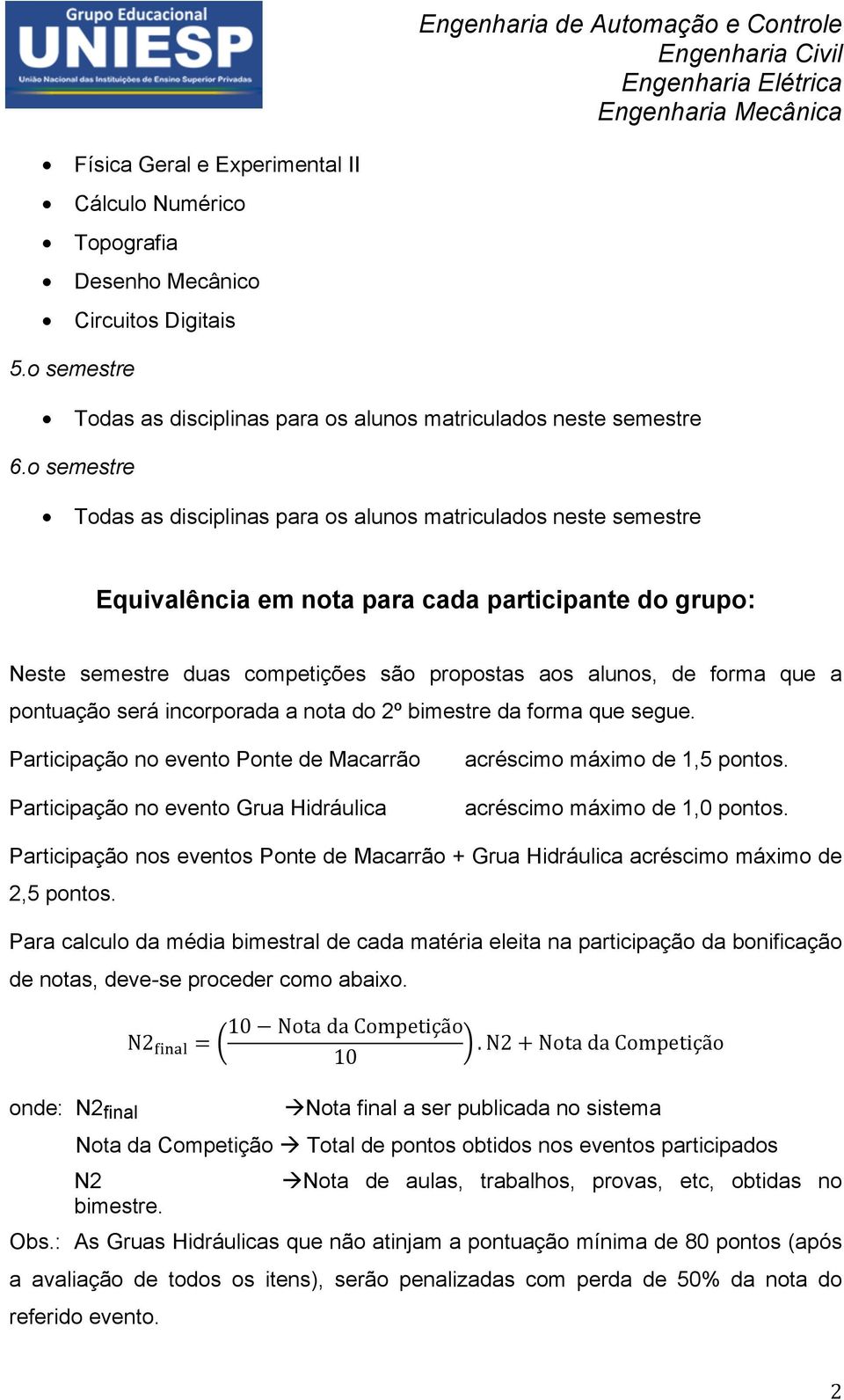 a pontuação será incorporada a nota do 2º bimestre da forma que segue. Participação no evento Ponte de Macarrão Participação no evento Grua Hidráulica acréscimo máximo de 1,5 pontos.