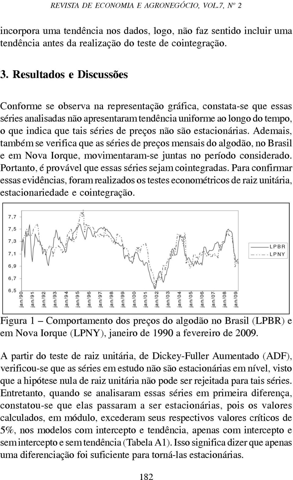 preços não são estacionárias. Ademais, também se verifica que as séries de preços mensais do algodão, no Brasil e em Nova Iorque, movimentaram-se juntas no período considerado.