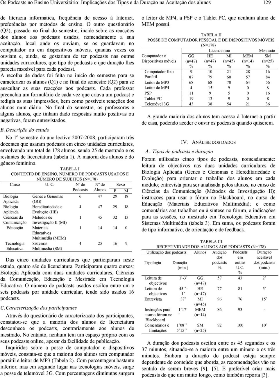 em dispositivos móveis, quantas vezes os ouviam e, ainda, se gostariam de ter podcasts nas outras unidades curriculares, que tipo de podcasts e que duração lhes parecia razoável para cada podcast.