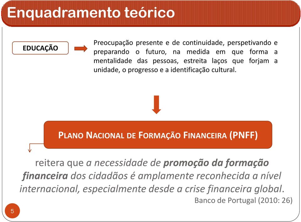 PLANO NACIONAL DE FORMAÇÃO FINANCEIRA (PNFF) 5 reitera que a necessidade de promoção da formação financeira dos