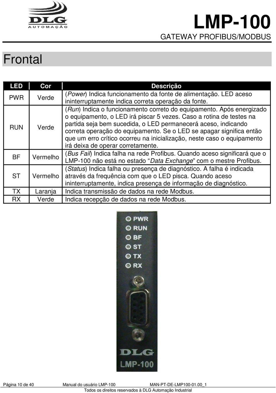 Caso a rotina de testes na partida seja bem sucedida, o LED permanecerá aceso, indicando correta operação do equipamento.