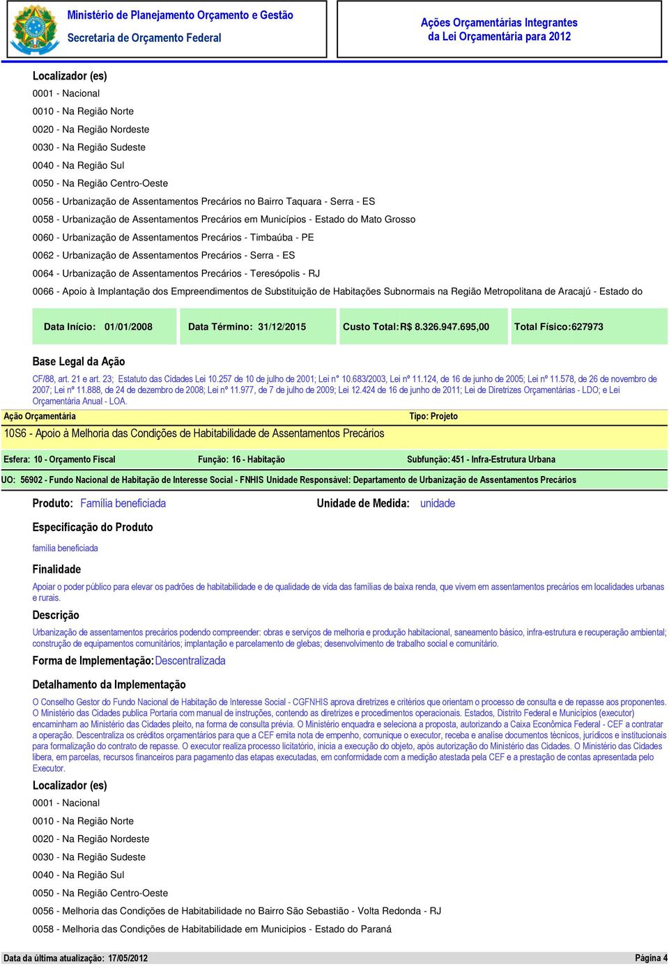 Serra - ES 0064 - Urbanização de Assentamentos Precários - Teresópolis - RJ 0066 - Apoio à Implantação dos Empreendimentos de Substituição de Habitações Subnormais na Região Metropolitana de Aracajú