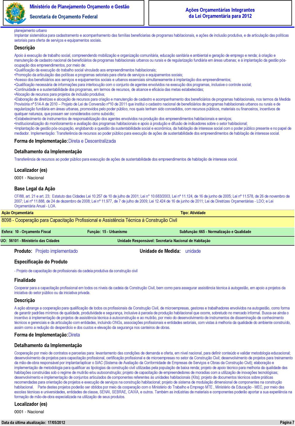 Apoio à execução de trabalho social, compreendendo mobilização e organização comunitária, educação sanitária e ambiental e geração de emprego e renda; à criação e manutenção de cadastro nacional de