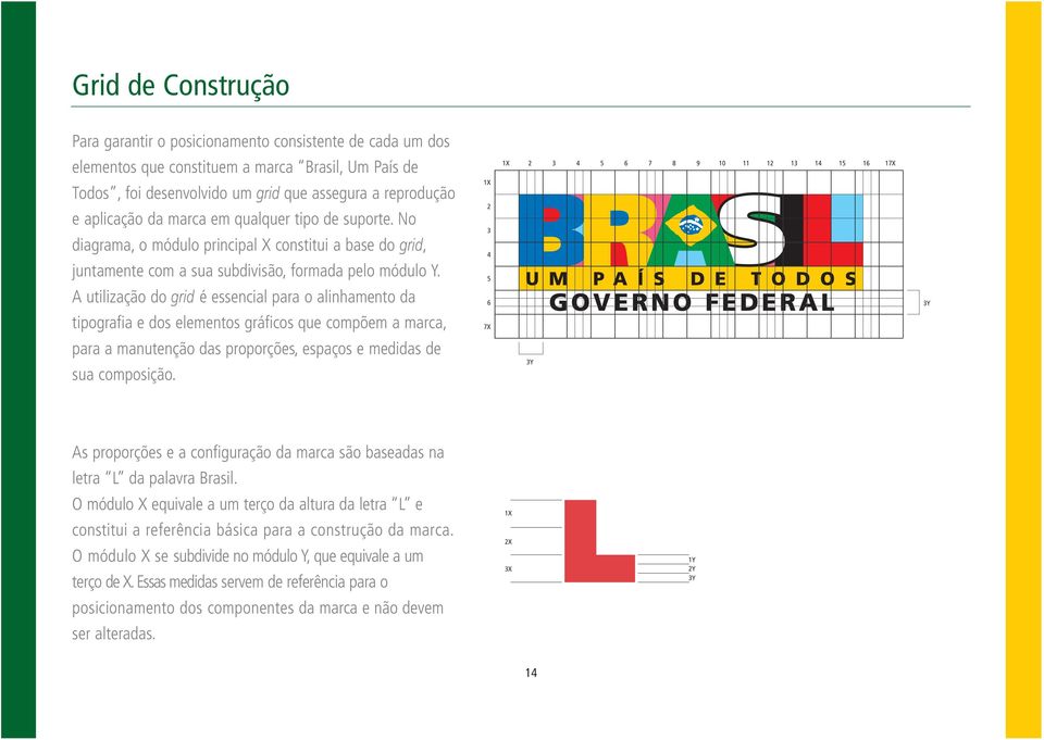 A utilização do grid é essencial para o alinhamento da tipografia e dos elementos gráficos que compõem a marca, para a manutenção das proporções, espaços e medidas de sua composição.