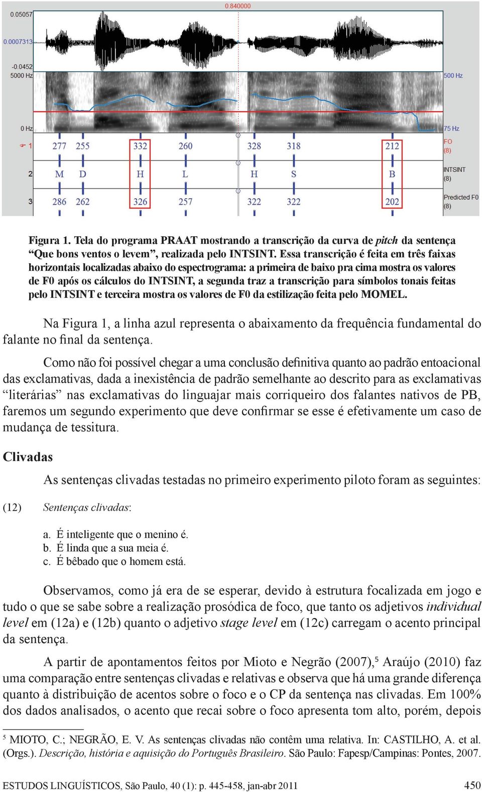 para símbolos tonais feitas pelo INTSINT e terceira mostra os valores de F0 da estilização feita pelo MOMEL.