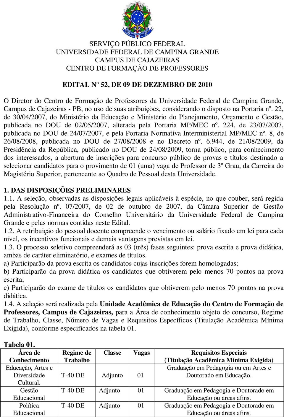 22, de 30/04/2007, do Ministério da Educação e Ministério do Planejamento, Orçamento e Gestão, publicada no DOU de 02/05/2007, alterada pela Portaria MP/MEC nº.