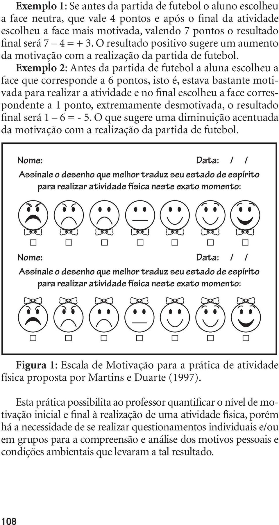 Exemplo 2: Antes da partida de futebol a aluna escolheu a face que corresponde a 6 pontos, isto é, estava bastante motivada para realizar a atividade e no final escolheu a face correspondente a 1