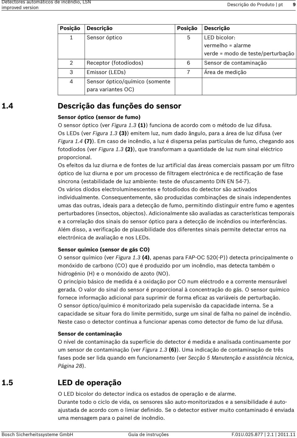 4 Descrição das funções do sensor Sensor óptico (sensor de fumo) O sensor óptico (ver Figura 1.3 (1)) funciona de acordo com o método de luz difusa. Os LEDs (ver Figura 1.