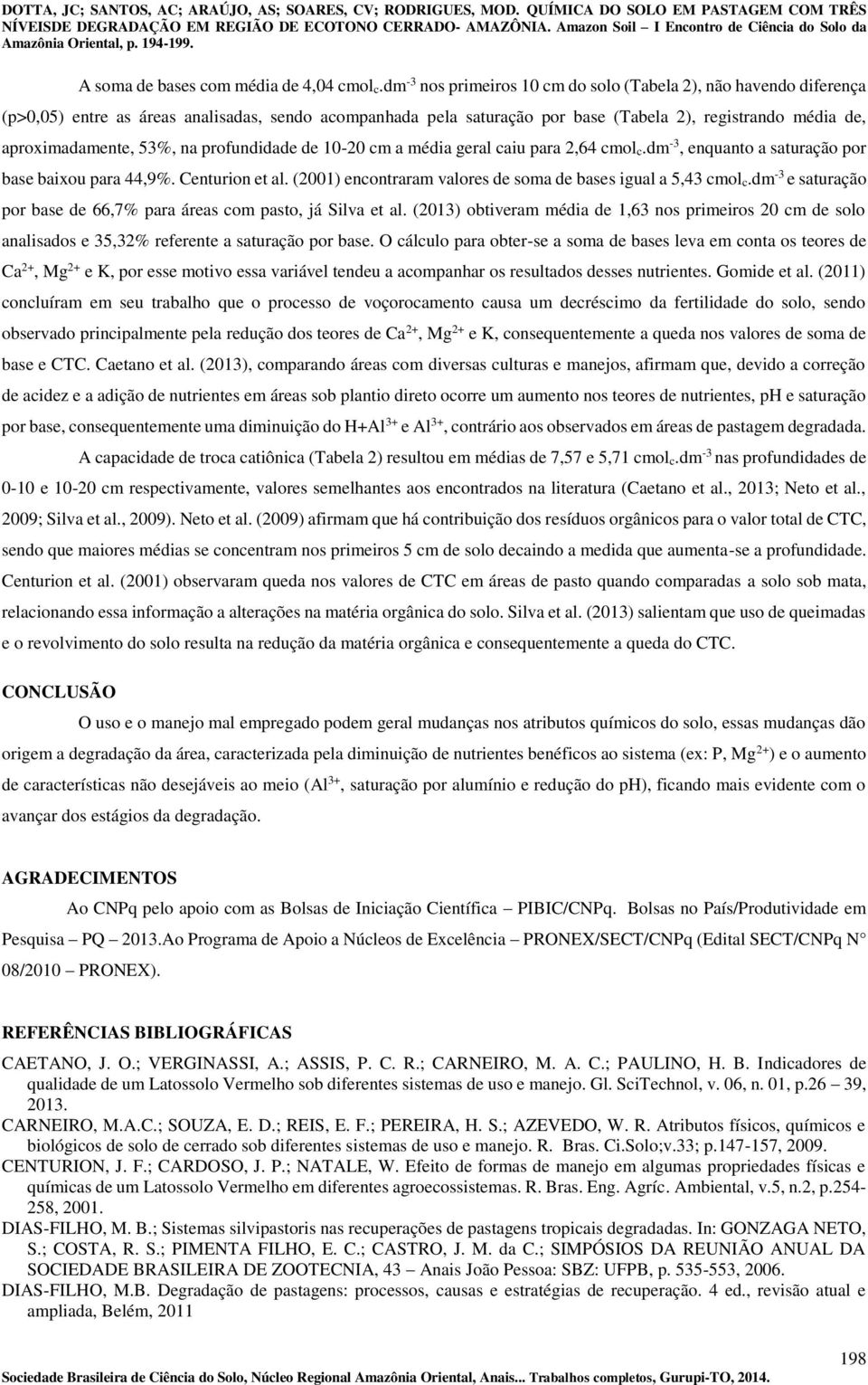 53%, na profundidade de 10-20 cm a média geral caiu para 2,64 cmol c.dm -3, enquanto a saturação por base baixou para 44,9%. Centurion et al.