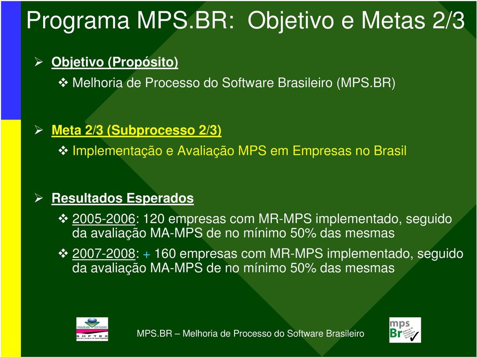 BR) Meta 2/3 (Subprocesso 2/3) Implementação e Avaliação MPS em Empresas no Brasil Resultados Esperados