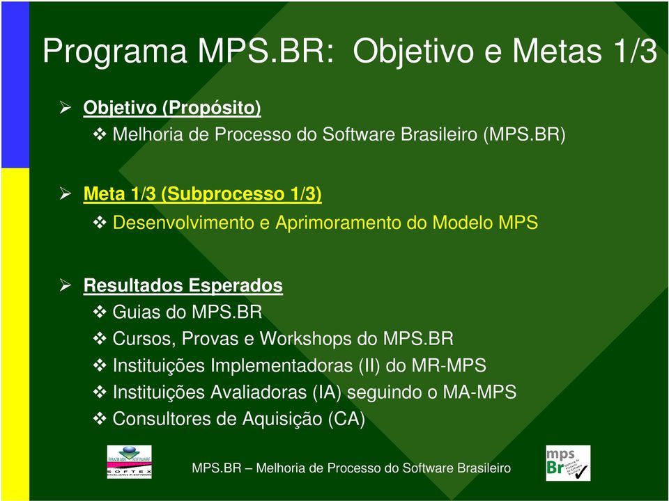 BR) Meta 1/3 (Subprocesso 1/3) Desenvolvimento e Aprimoramento do Modelo MPS Resultados