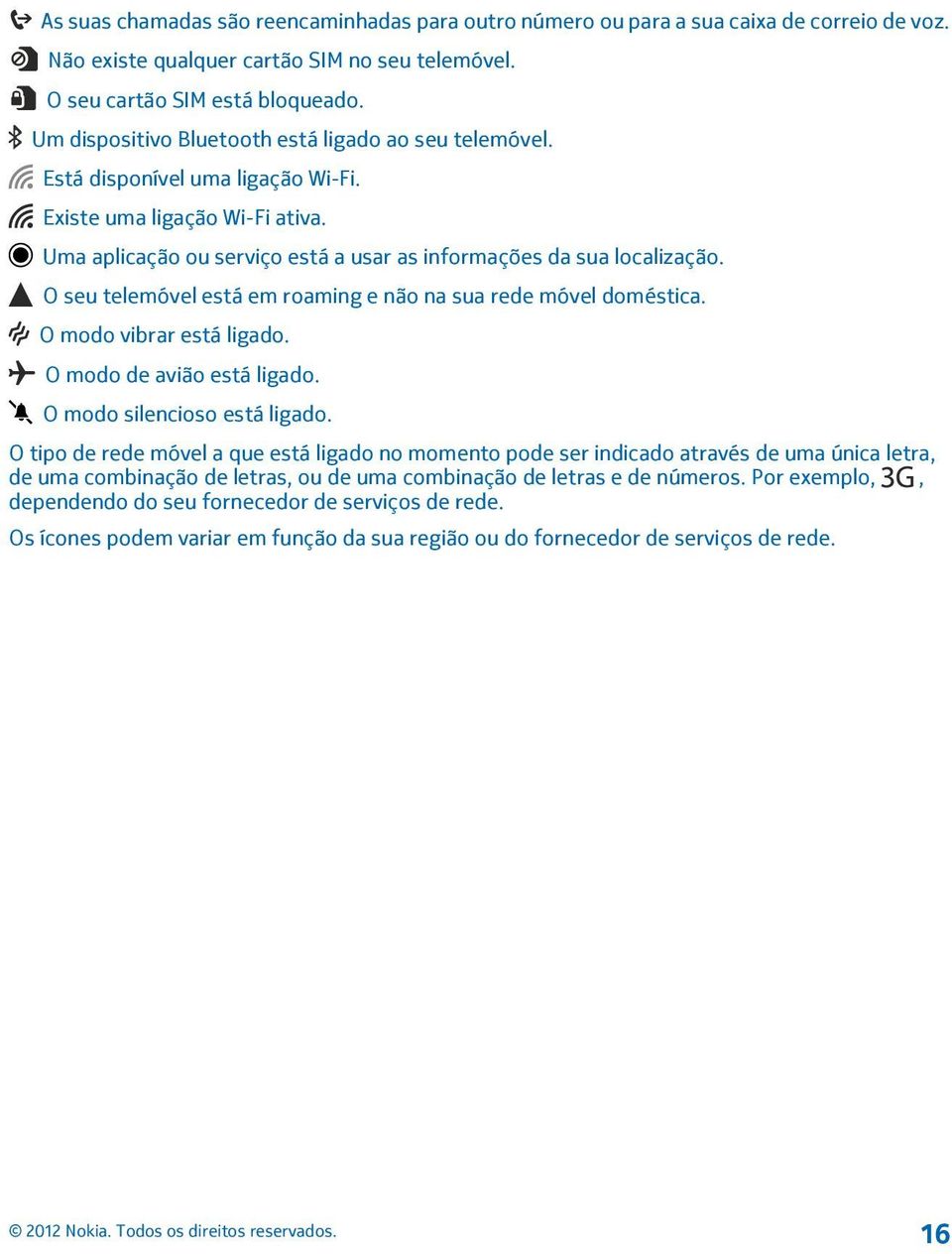 O seu telemóvel está em roaming e não na sua rede móvel doméstica. O modo vibrar está ligado. O modo de avião está ligado. O modo silencioso está ligado.