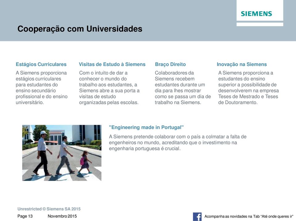 Colaboradores da Siemens recebem estudantes durante um dia para lhes mostrar como se passa um dia de trabalho na Siemens.