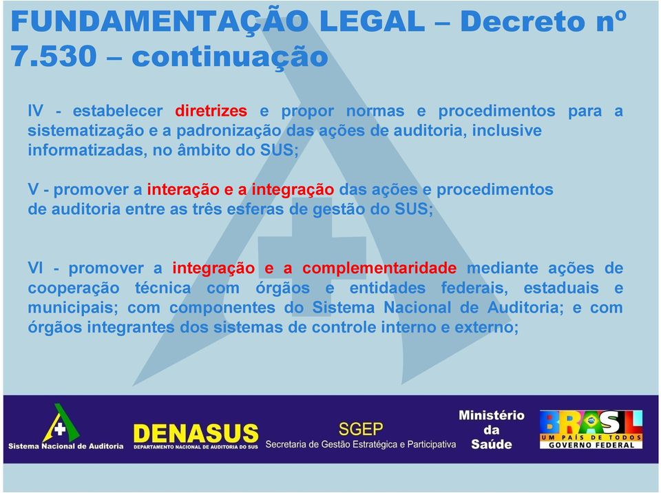 informatizadas, no âmbito do SUS; V - promover a interação e a integração das ações e procedimentos de auditoria entre as três esferas de gestão do