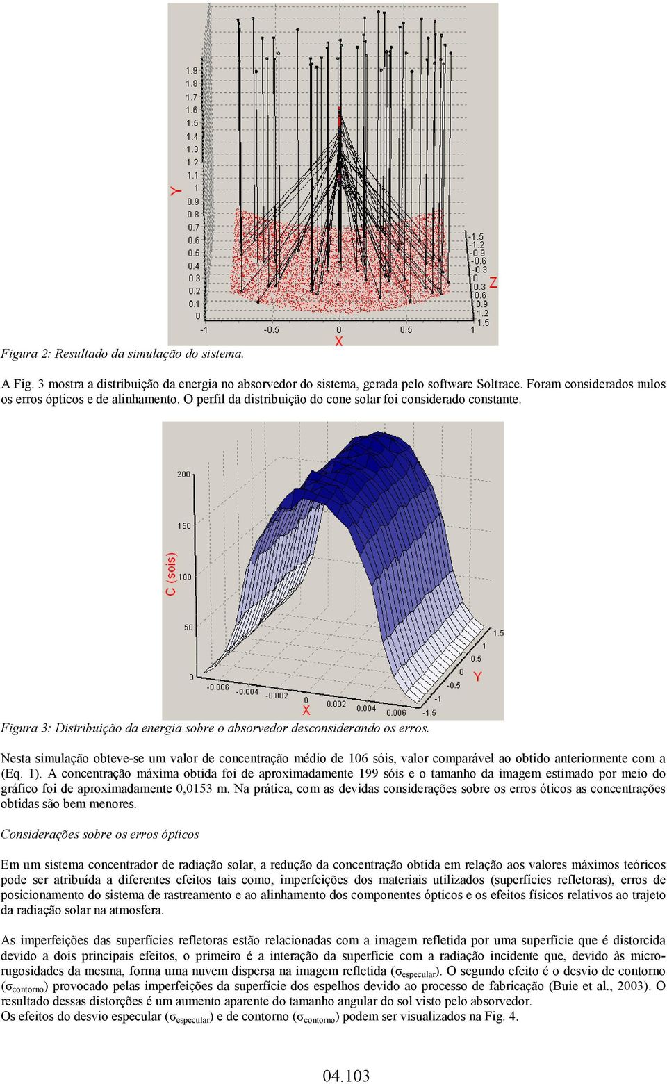 Figura 3: Distribuição da energia sobre o absorvedor desconsiderando os erros. Nesta simulação obteve-se um valor de concentração médio de 106 sóis, valor comparável ao obtido anteriormente com a (Eq.