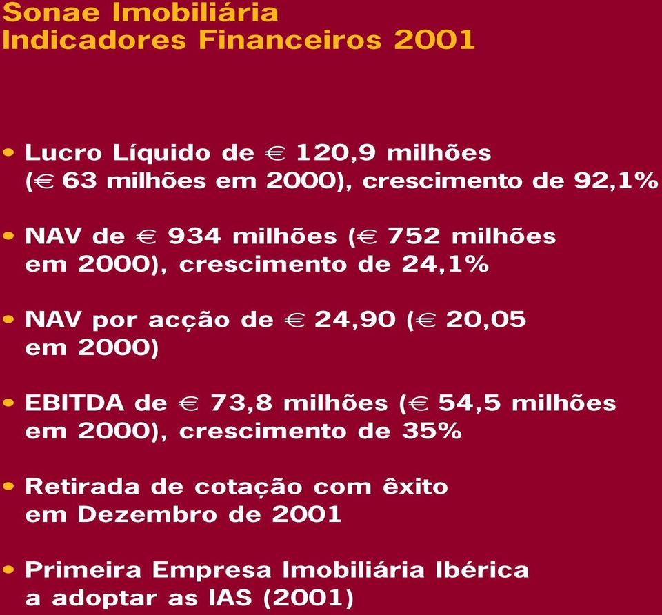 de 24,90 ( 20,05 em 2000) EBITDA de 73,8 milhões ( 54,5 milhões em 2000), crescimento de 35%