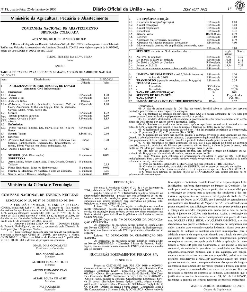 Natural da CONAB com vigência a partir de 01/02/2005, objeto do Voto DIGES nº 002/05 de 11/01/2005 ELEDIL EINSTEN DA SILVA BESSA Diretor TABELA DE TARIFAS PARA UNIDADES ARMAZENADORAS DE AMBIENTE
