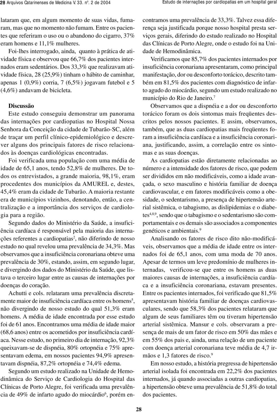 Foi-lhes interrogado, ainda, quanto à prática de atividade física e observou que 66,7% dos pacientes internados eram sedentários.