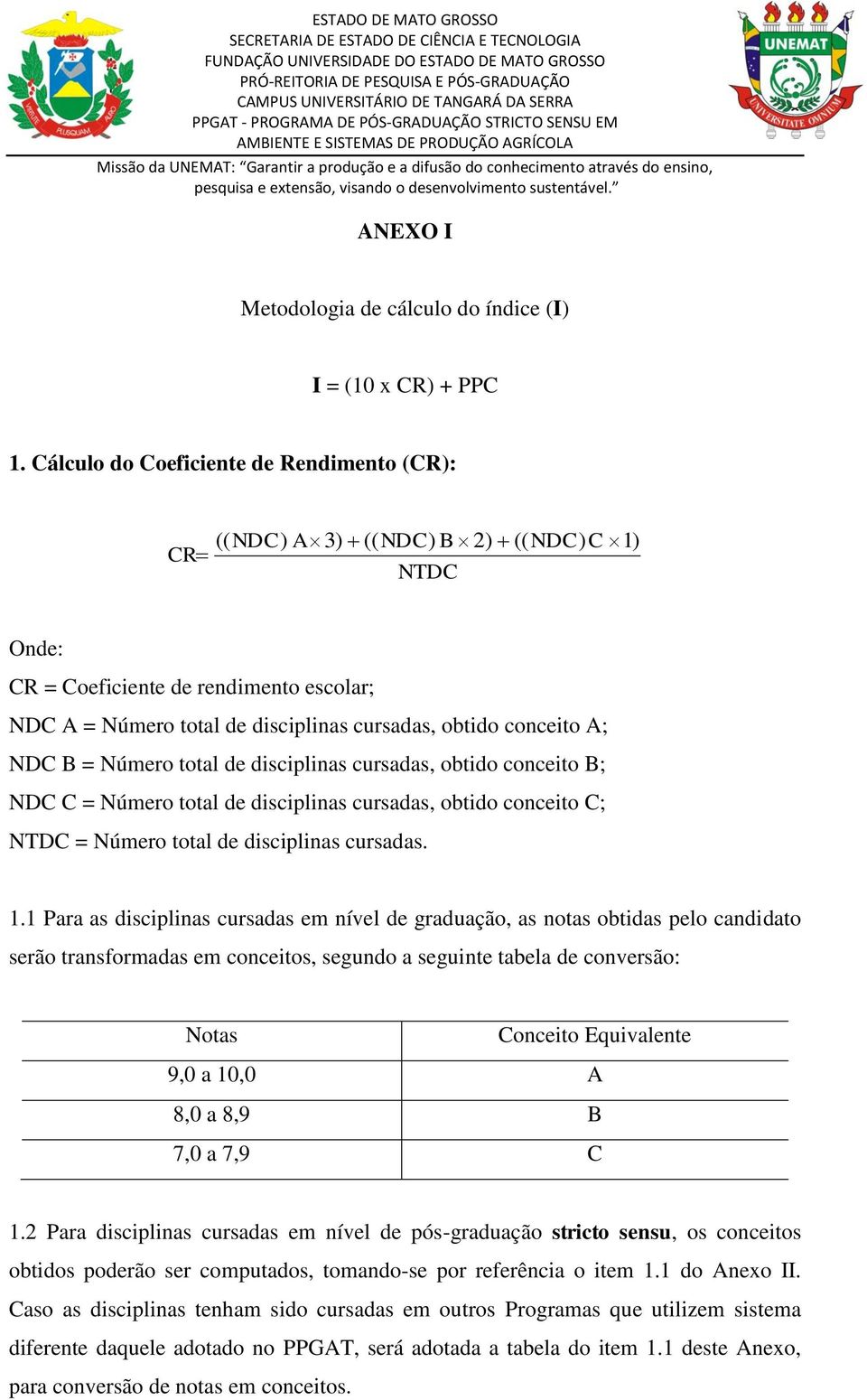 A; NDC B = Número total de disciplinas cursadas, obtido conceito B; NDC C = Número total de disciplinas cursadas, obtido conceito C; NTDC = Número total de disciplinas cursadas. 1.