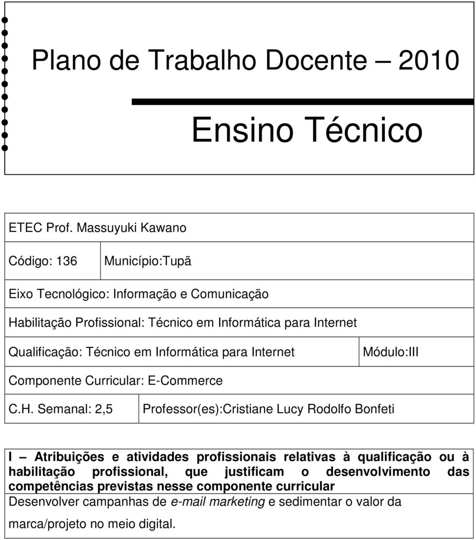 Qualificação: Técnico em Informática para Internet Módulo:III Componente Curricular: E-Commerce C.H.