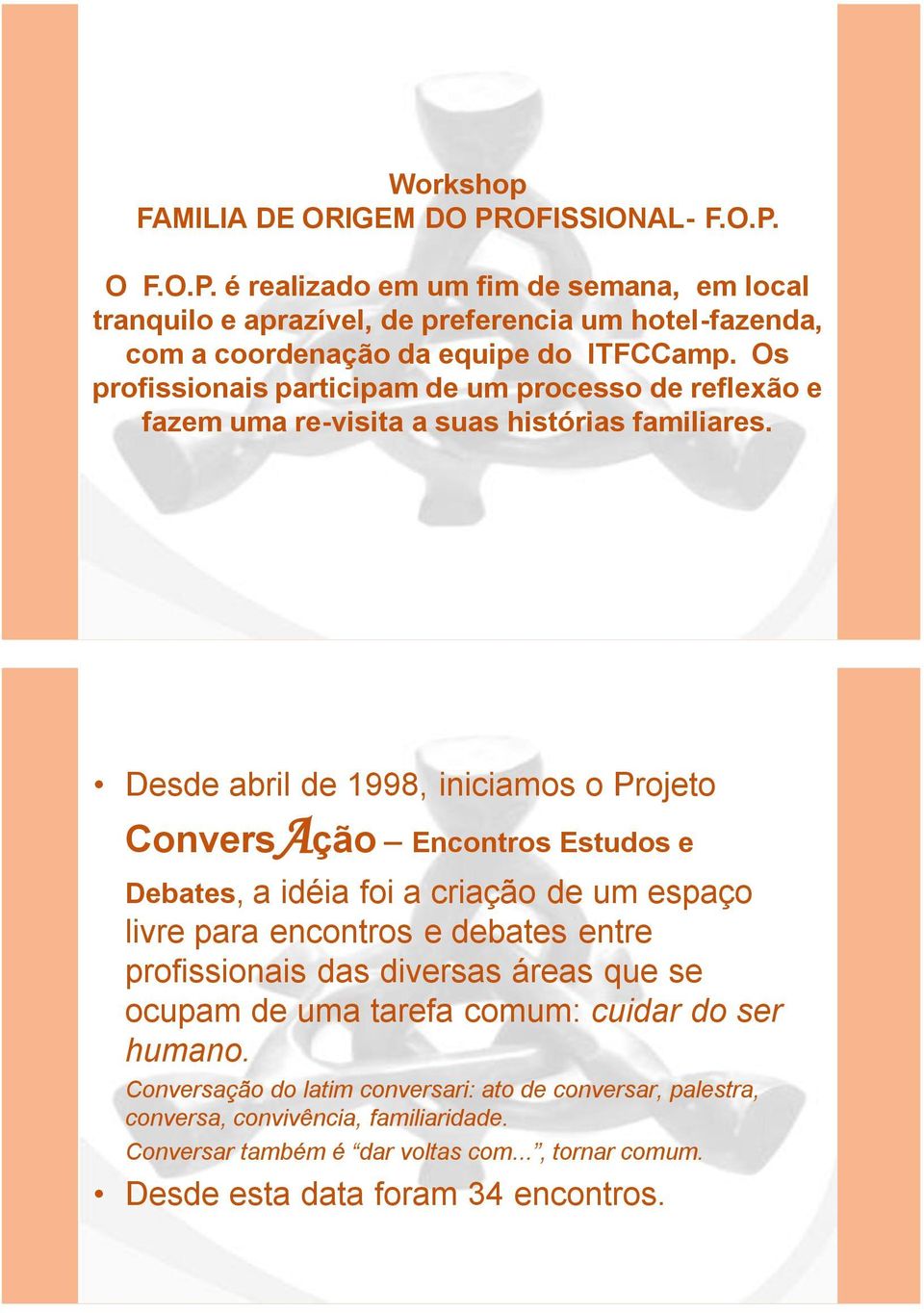 Desde abril de 1998, iniciamos o Projeto ConversAção Encontros Estudos e Debates, a idéia foi a criação de um espaço livre para encontros e debates entre profissionais das diversas