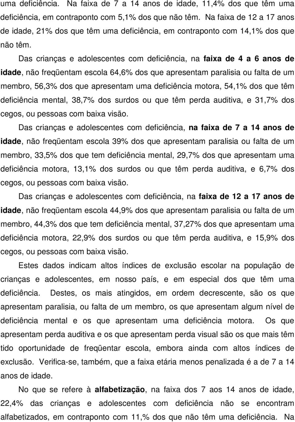 Das crianças e adolescentes com deficiência, na faixa de 4 a 6 anos de idade, não freqüentam escola 64,6% dos que apresentam paralisia ou falta de um membro, 56,3% dos que apresentam uma deficiência