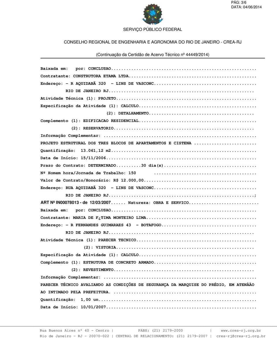 .. Nº Homem hora/jornada de Trabalho: 150... Valor de Contrato/Honorário: R$ 12.000,00... Endereço: RUA AQUIDABÃ 320 - LINS DE VASCONC... ; ART Nº IN00078013 - de 12/03/2007... Natureza: OBRA E SERVICO.