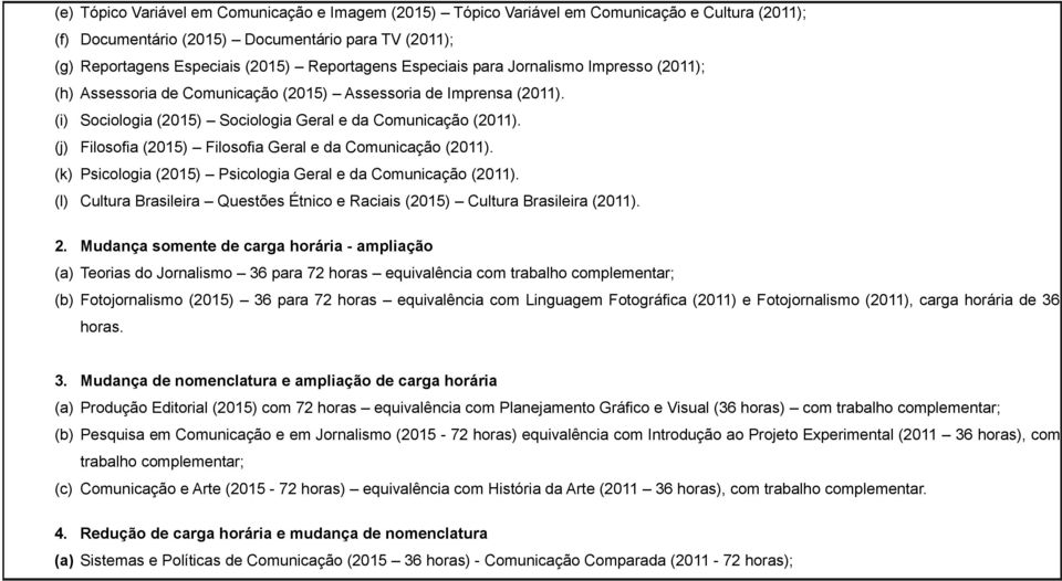 (j) Filosofia (2015) Filosofia Geral e da Comunicação (2011). (k) Psicologia (2015) Psicologia Geral e da Comunicação (2011).