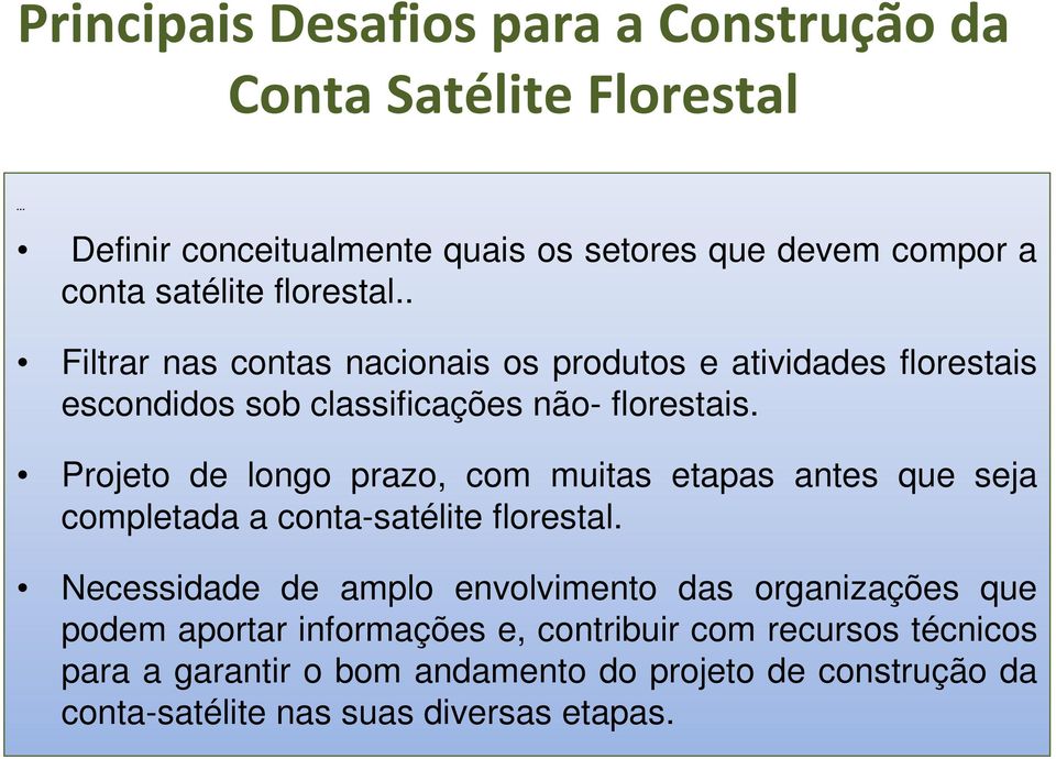 Projeto de longo prazo, com muitas etapas antes que seja completada a conta-satélite florestal.