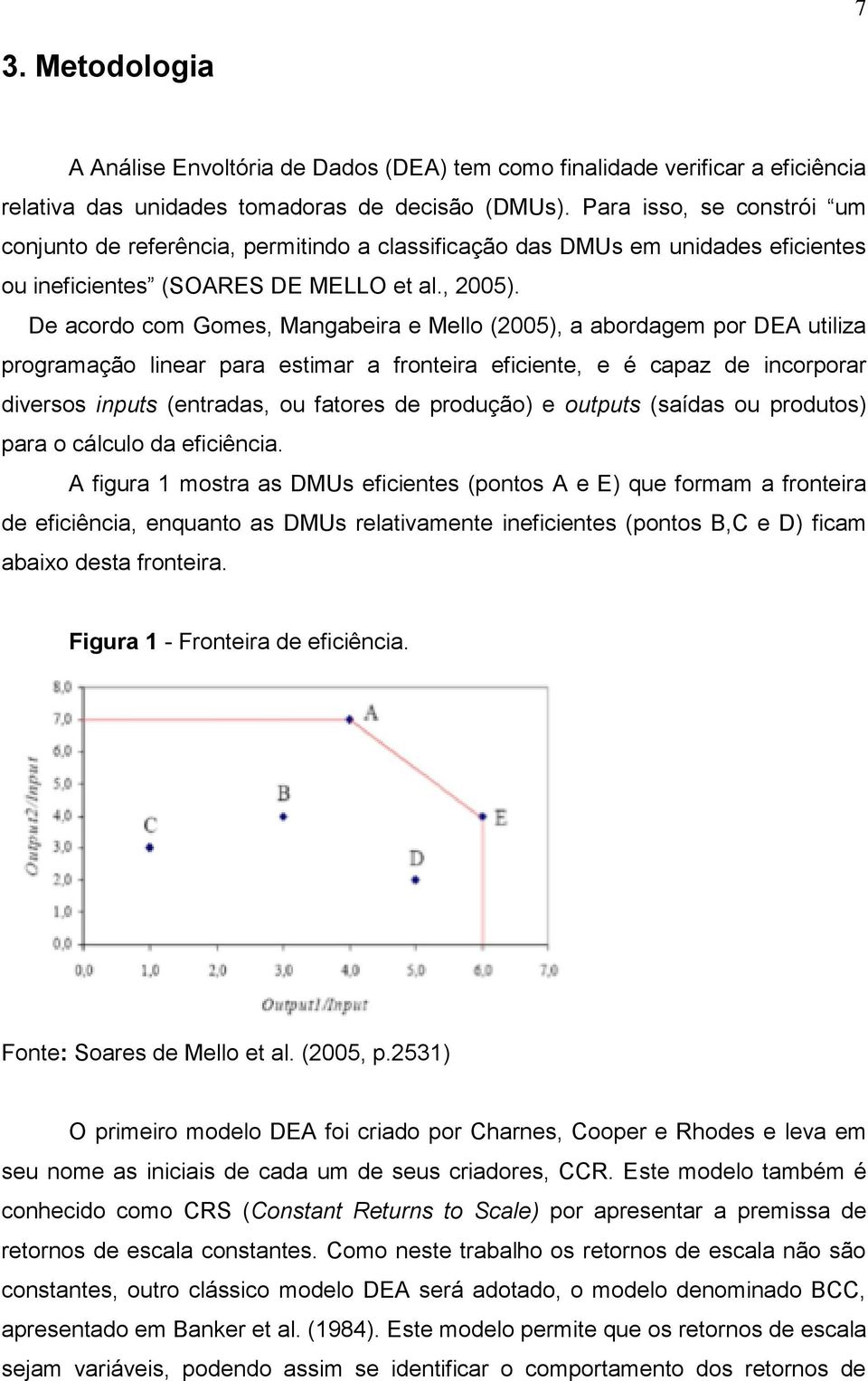 De acordo com Gomes, Mangabeira e Mello (2005), a abordagem por DEA utiliza programação linear para estimar a fronteira eficiente, e é capaz de incorporar diversos inputs (entradas, ou fatores de
