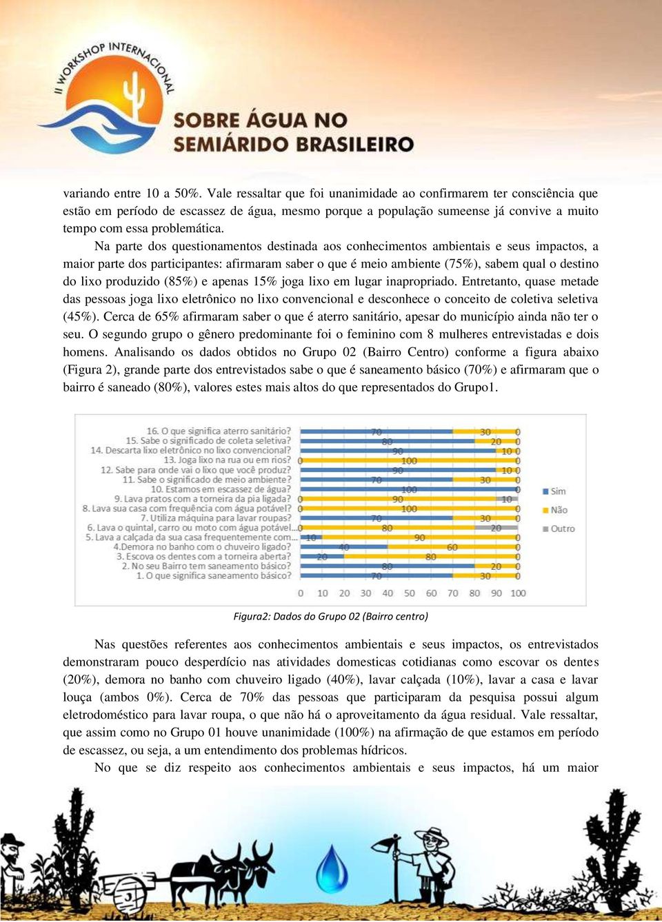 Na parte dos questionamentos destinada aos conhecimentos ambientais e seus impactos, a maior parte dos participantes: afirmaram saber o que é meio ambiente (75%), sabem qual o destino do lixo