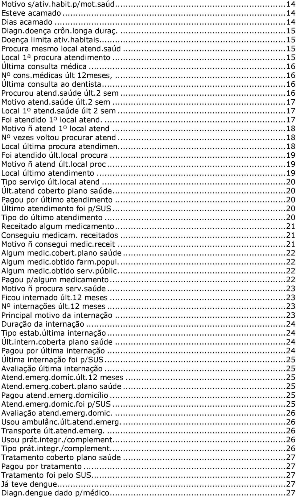 saúde últ 2 sem... 17 Foi atendido 1º local atend.... 17 Motivo ñ atend 1º local atend... 18 Nº vezes voltou procurar atend... 18 Local última procura atendimen... 18 Foi atendido últ.local procura.