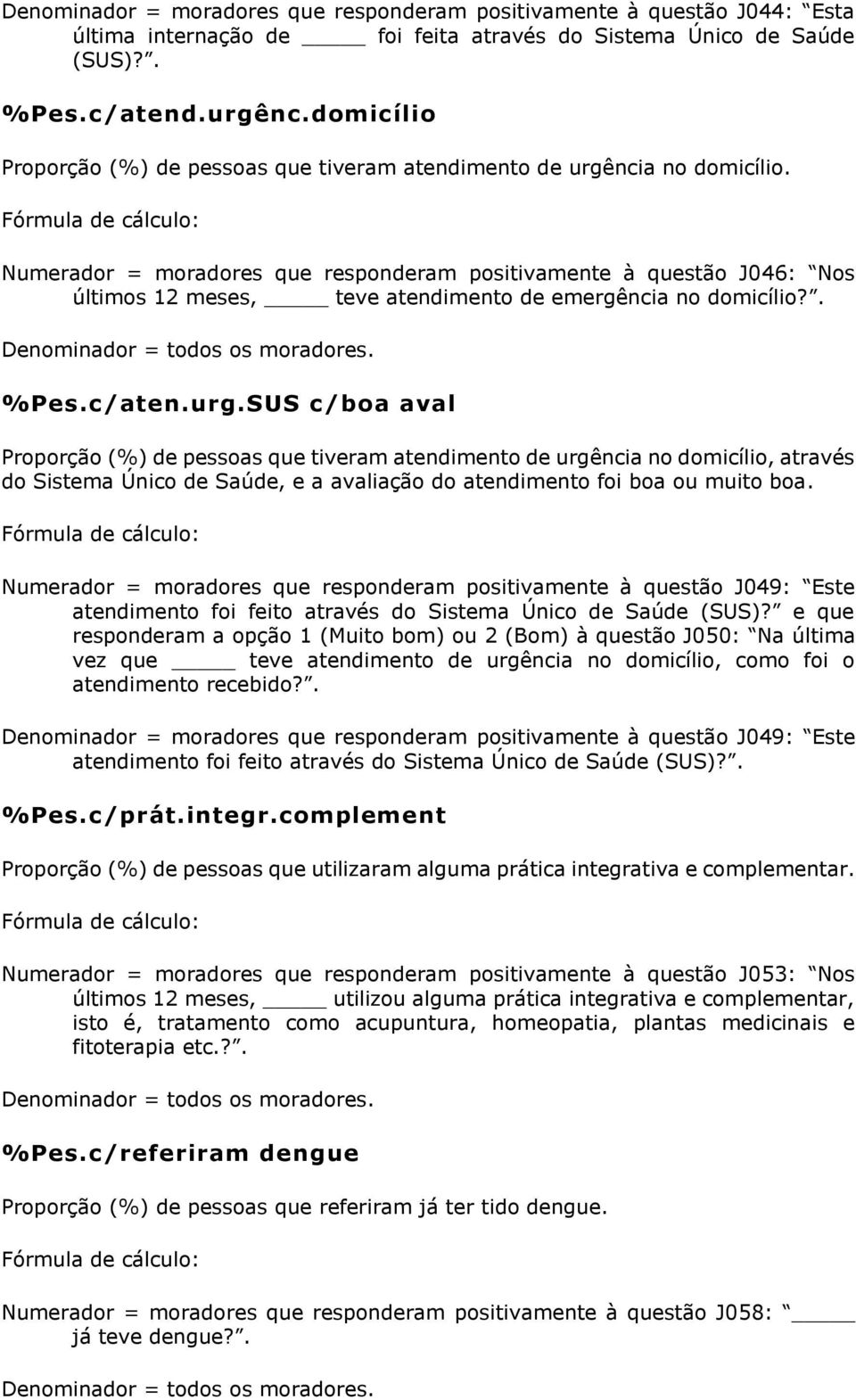 Numerador = moradores que responderam positivamente à questão J046: Nos últimos 12 meses, teve atendimento de emergência no domicílio?. Denominador = todos os moradores. %Pes.c/aten.urg.