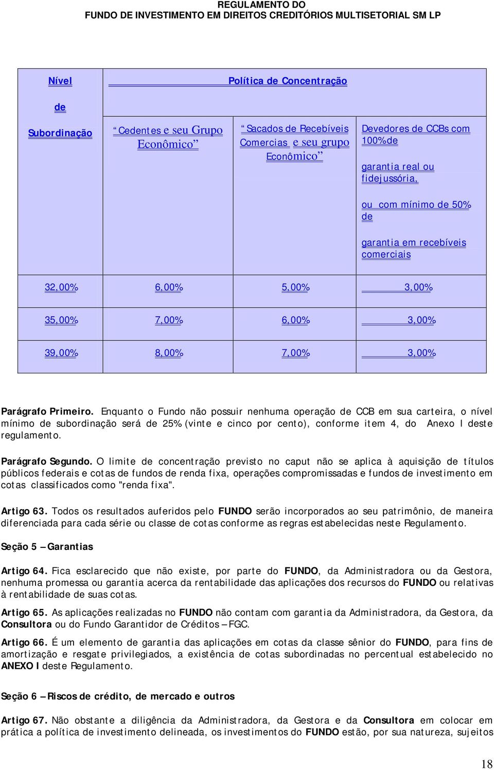 Enquanto o Fundo não possuir nenhuma operação de CCB em sua carteira, o nível mínimo de subordinação será de 25% (vinte e cinco por cento), conforme item 4, do Anexo I deste regulamento.