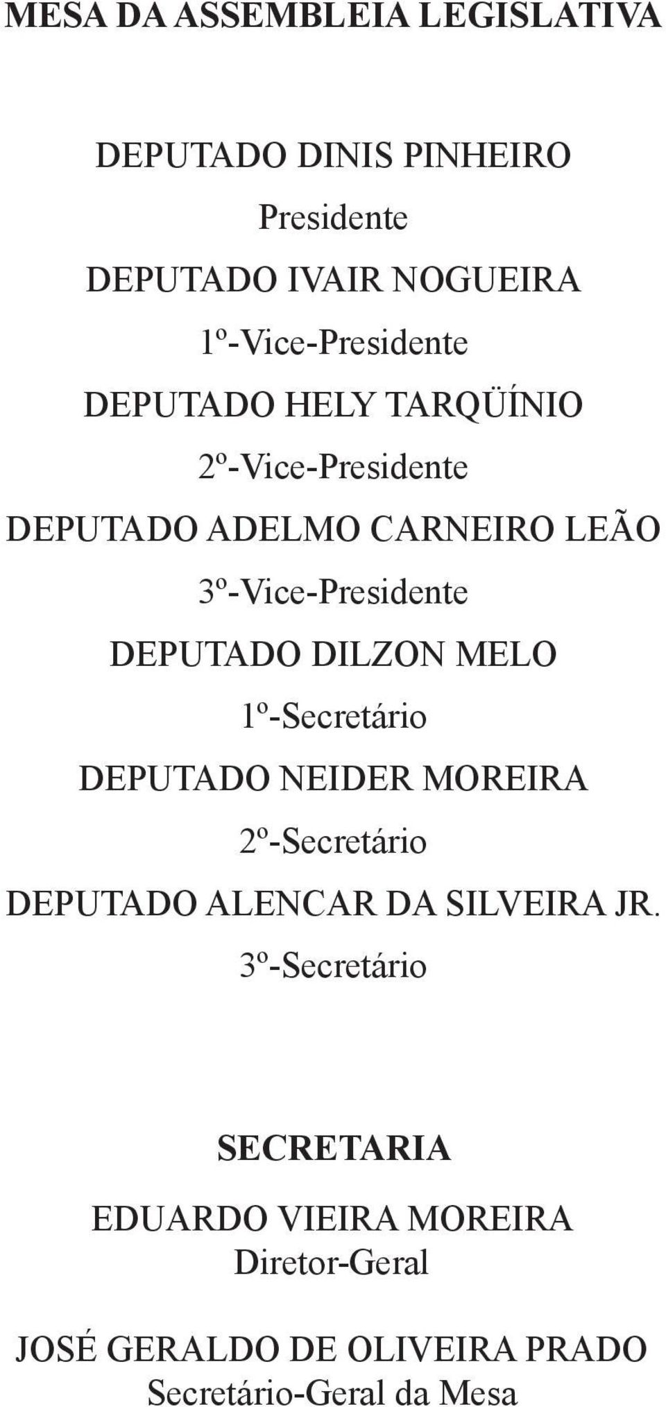 3º-Vice-Presidente DEPUTADO DILZON MELO 1º-Secretário DEPUTADO NEIDER MOREIRA 2º-Secretário DEPUTADO