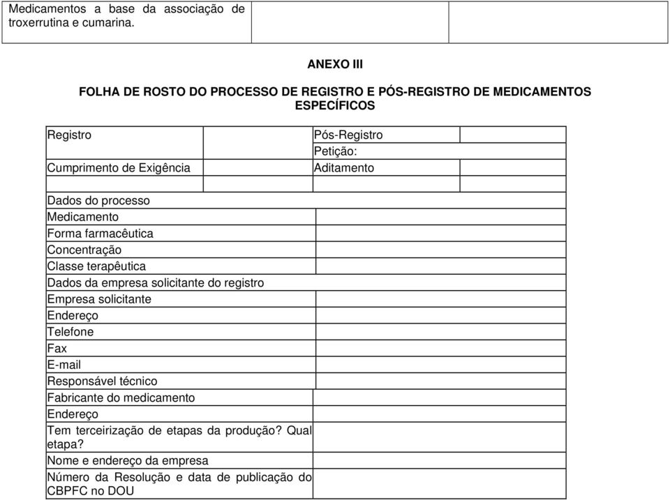 Petição: Aditamento Dados do processo Medicamento Forma farmacêutica Concentração Classe terapêutica Dados da empresa solicitante do registro