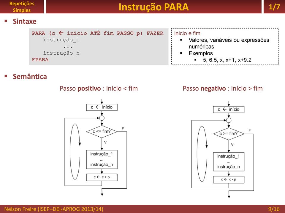 .. instrução_n PARA inicio e fim alores, variáveis ou expressões