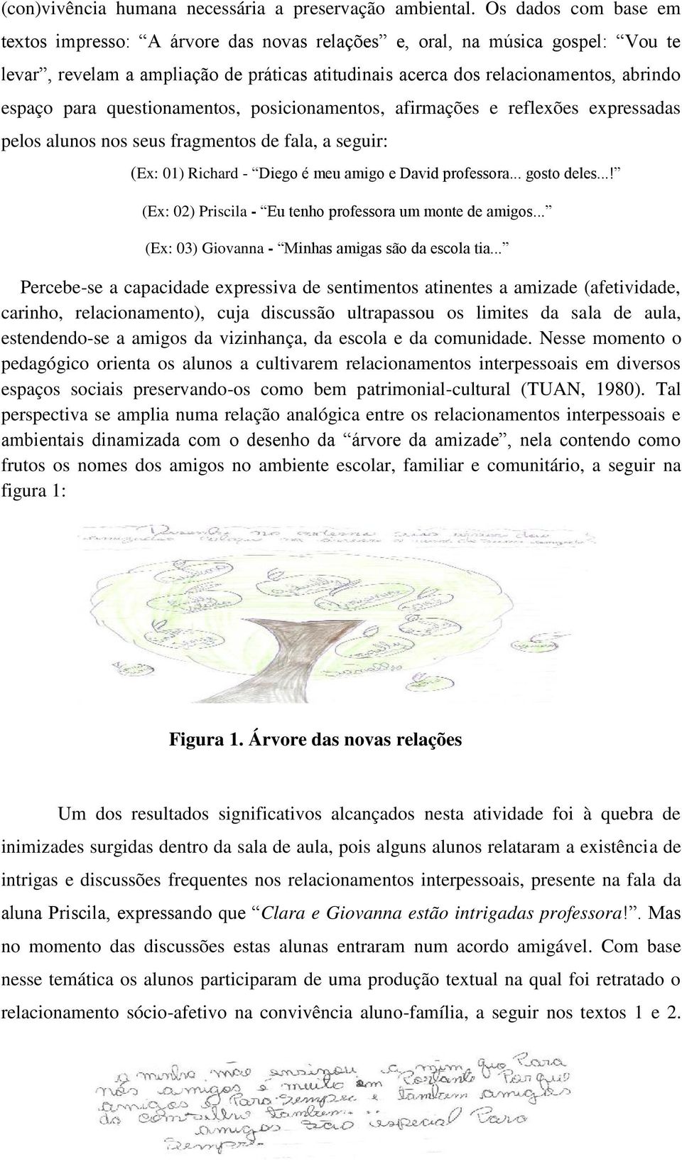 questionamentos, posicionamentos, afirmações e reflexões expressadas pelos alunos nos seus fragmentos de fala, a seguir: (Ex: 01) Richard - Diego é meu amigo e David professora... gosto deles.