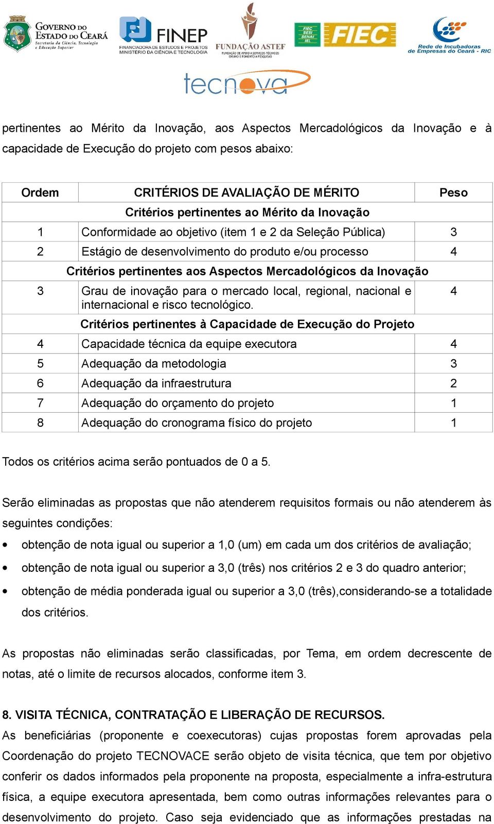 Grau de inovação para o mercado local, regional, nacional e internacional e risco tecnológico.