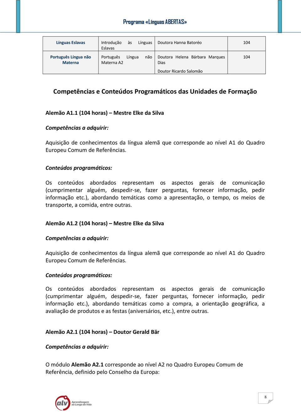 1 (104 horas) Mestre Elke da Silva Aquisição de conhecimentos da língua alemã que corresponde ao nível A1 do Quadro Europeu Comum de Referências.