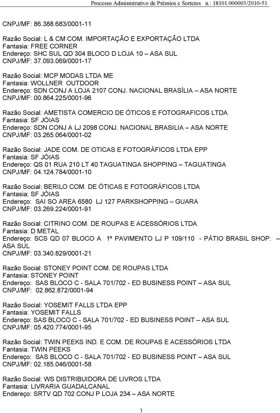 225/0001-96 Razão Social: AMETISTA COMERCIO DE ÓTICOS E FOTOGRAFICOS LTDA Fantasia: SF JÓIAS Endereço: SDN CONJ A LJ 2098 CONJ. NACIONAL BRASILIA ASA NORTE CNPJ/MF: 03.265.