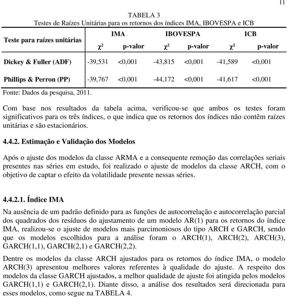 Com base nos resulados da abela acima, verificou-se que ambos os eses foram significaivos para os rês índices, o que indica que os reornos dos índices não conêm raízes uniárias e são esacionários. 4.