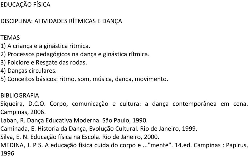 RAFIA Siqueira, D.C.O. Corpo, comunicação e cultura: a dança contemporânea em cena. Campinas, 2006. Laban, R. Dança Educativa Moderna. São Paulo, 1990. Caminada, E.