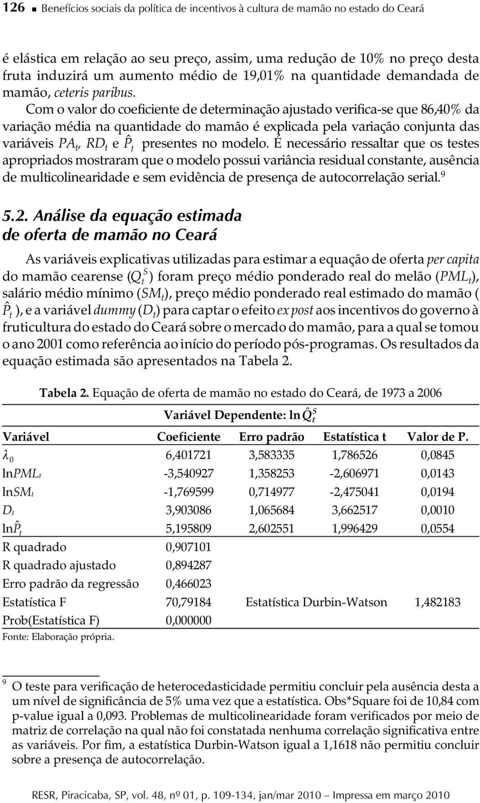 Com o valor do coeficiene de deerminação ajusado verifica-se que 86,40% da variação média na quanidade do mamão é explicada pela variação conjuna das variáveis PA, RD e P presenes no modelo.