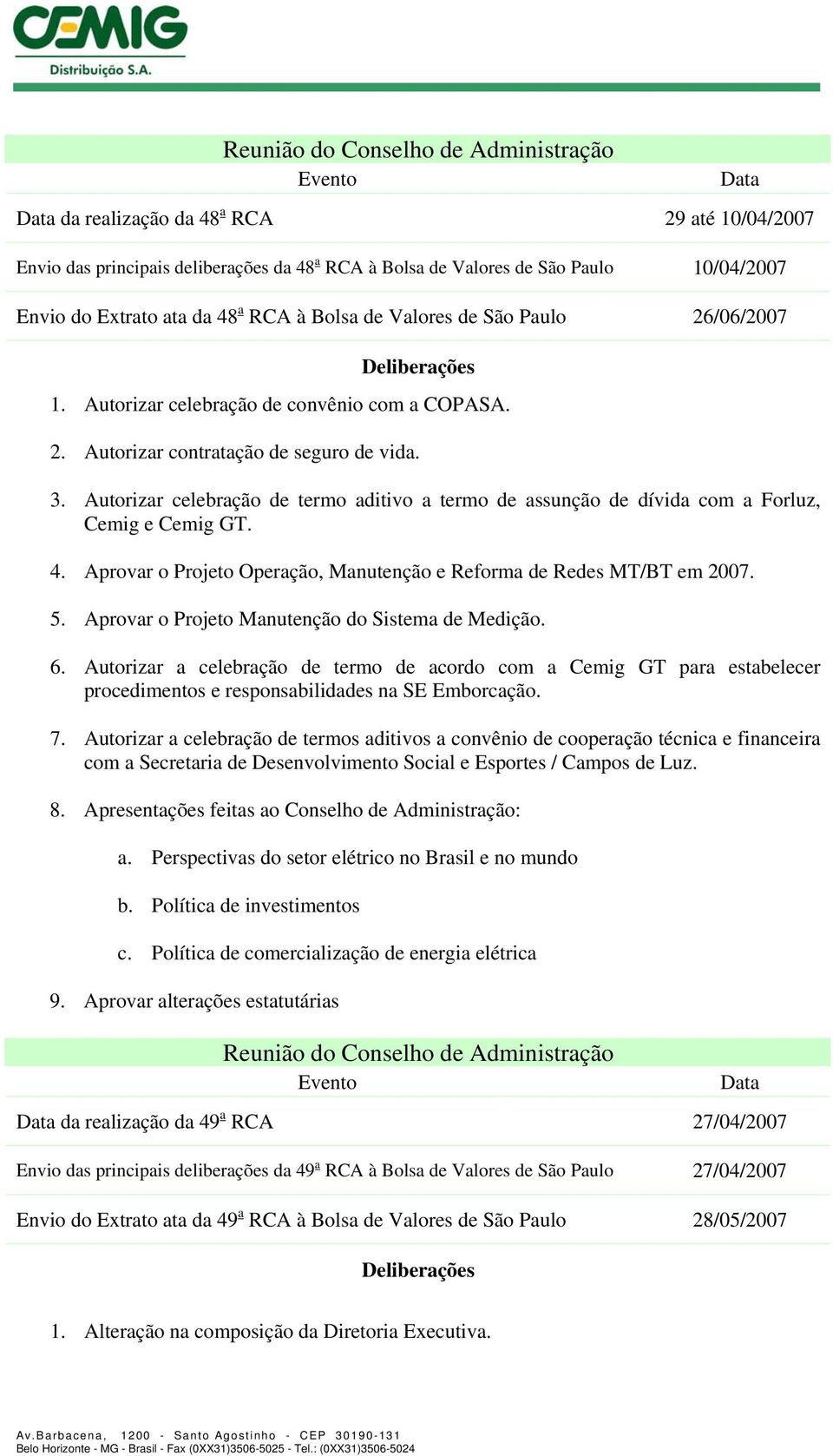 Autorizar celebração de termo aditivo a termo de assunção de dívida com a Forluz, Cemig e Cemig GT. 4. Aprovar o Projeto Operação, Manutenção e Reforma de Redes MT/BT em 2007. 5.