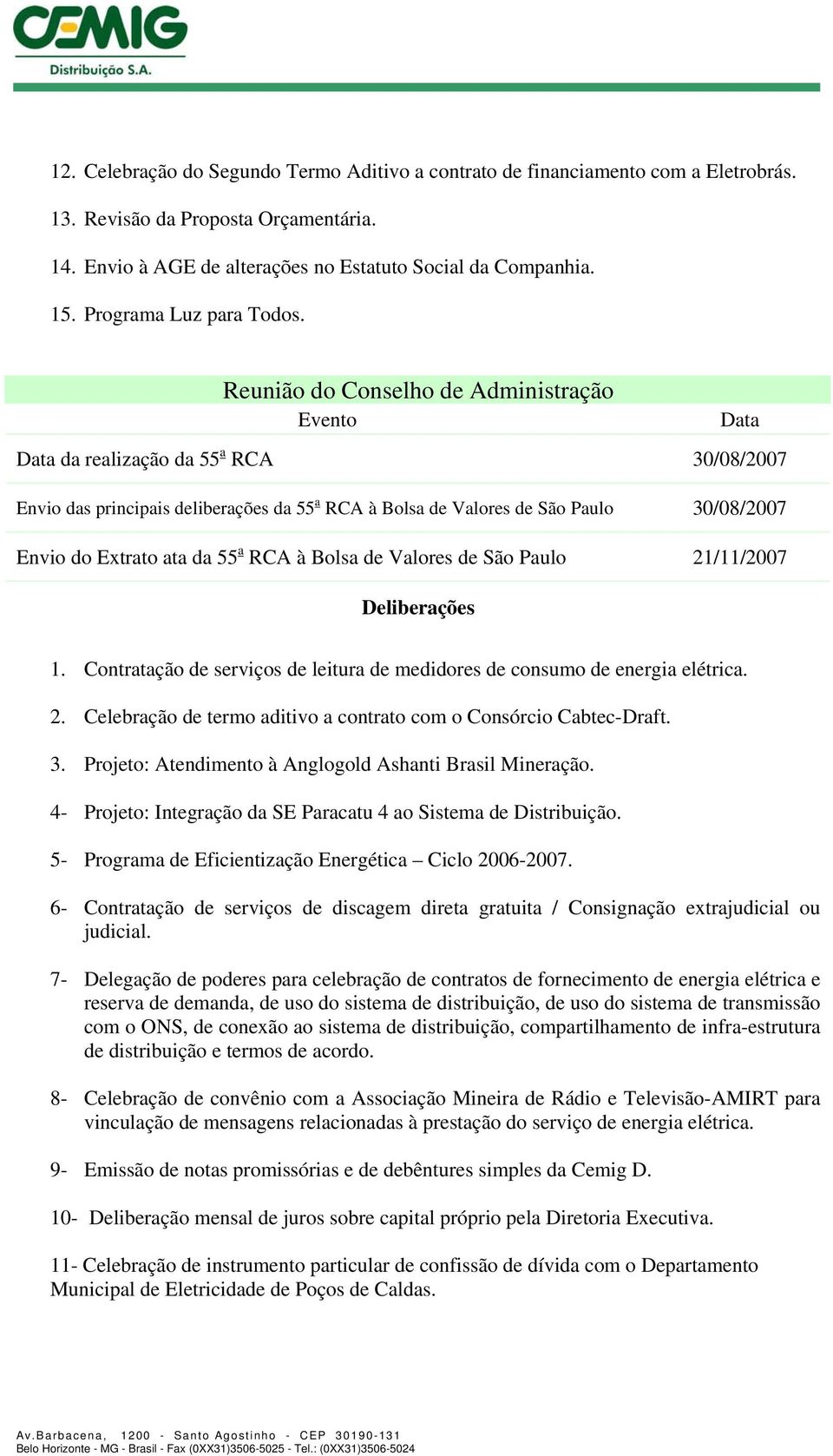 da realização da 55 a RCA 30/08/2007 Envio das principais deliberações da 55 a RCA à Bolsa de Valores de São Paulo 30/08/2007 Envio do Extrato ata da 55 a RCA à Bolsa de Valores de São Paulo